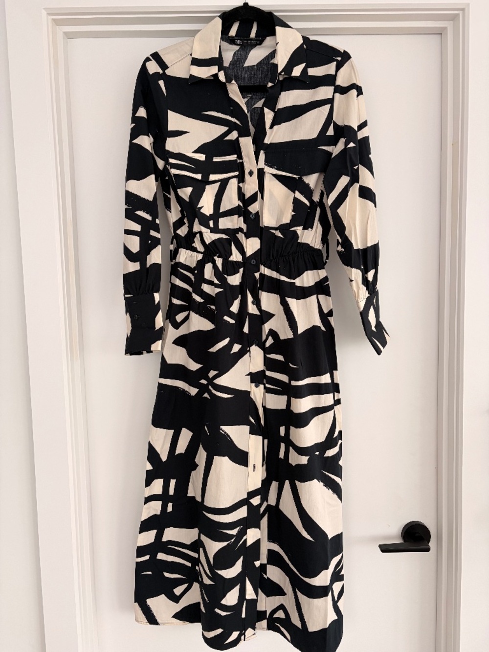 Zara Black and White Abstract Print Midi Shirt Dress, Size S